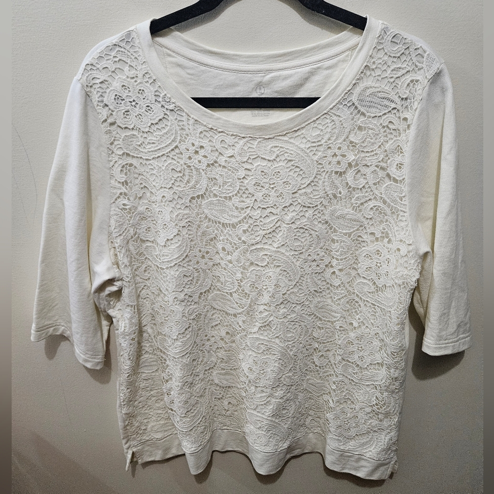 Lands' End Ivory Crochet Floral Boho Light Sweatshirt Cotton Blouse Xlarge